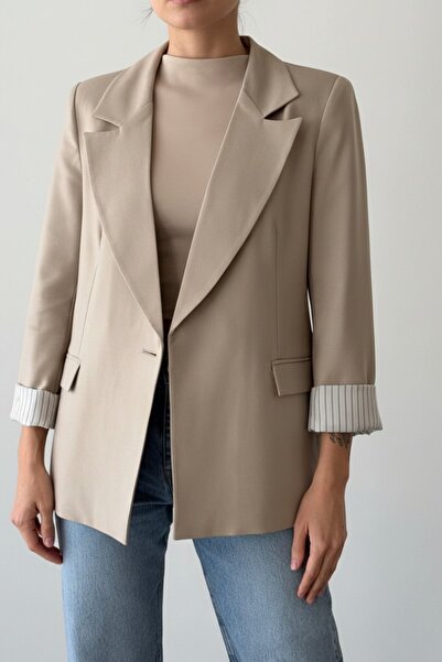 Cistern İstanbul Women's Linen Cuff Detailed Lined Blazer Jacket