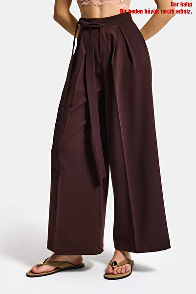 it's basic Kadın Acı Kahve w5 Palazzo Fit Özel Kumaş Kemer Detaylı Tasarım Pa...