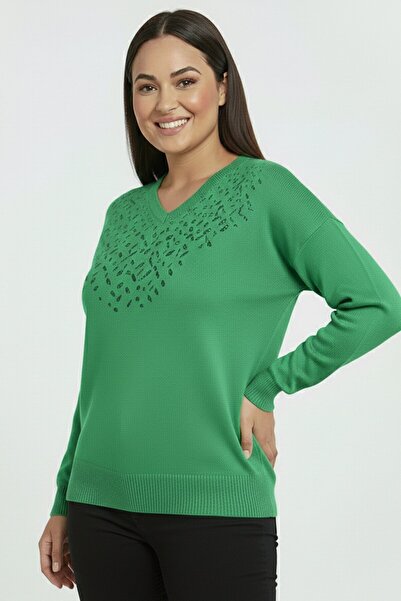 By Saygı Women's V-Neck Front Glitter Detailed Plus Size Knitwear Blouse