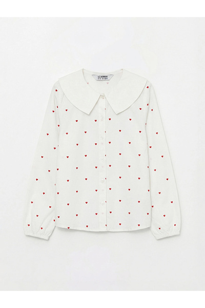 LC Waikiki Lcw Kids Ecru Peter Pan collar Printed Poplin Girl's Shirt