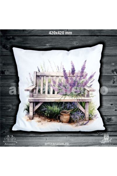LimArt Perna decorativa, 45x45 cm, design imprimat cu banca de lemn si Lavand...
