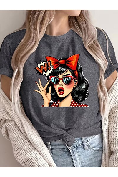 JENOLAN Women's Vintage Pop Art Printed Oversized T-Shirt Loose Fit
