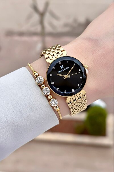 Daniel Klein ساعة يد نسائية بقطر 30 ملم مع سوار أسود وحزام ذهبي اللون قابل لل...