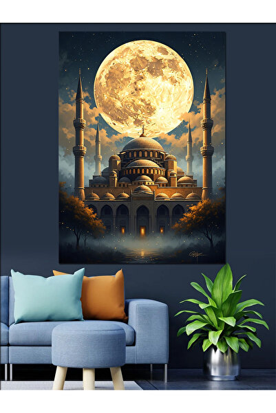 Tablo Mega Dolunay Altında Işıklı Camii Görseli Dekoratif Kanvas - Mdf Ahşap ...