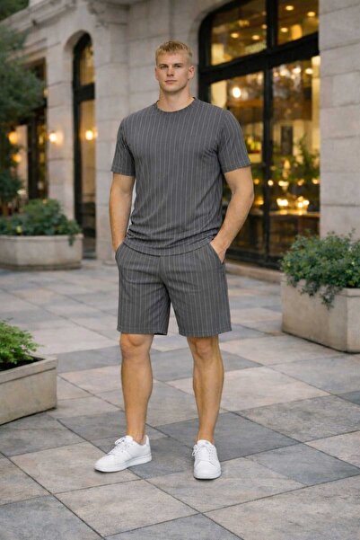 BRLKN Men's Stripe Detailed Crew Neck Crepe T-Shirt Shorts Set