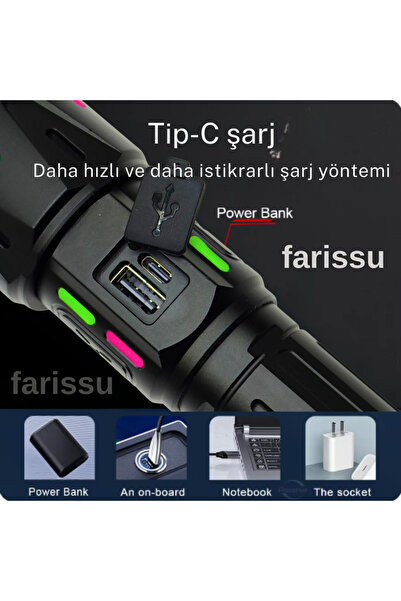 farissu RT-063 B 60W 6000 Lümen Ultra Güçlü Beyaz Lazer LED El Feneri - 2 KM Menzilli & Powerbank Özellikli