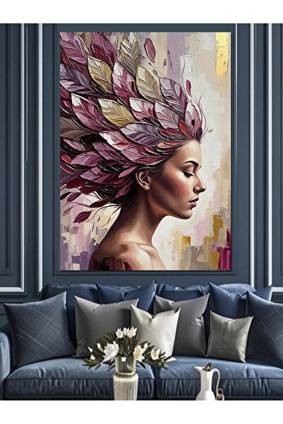 Artmeg Pânză decorativă cu portret de femeie exotică cu pene colorate - Tablo...