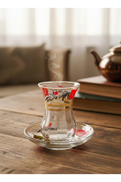 KÜTAHYA HOME Glass Tea Cup and Saucer Set with Turkish Motif Patterns - 4 Pie...