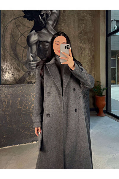 Markasız ucuz Kolları Apoletli Kuşaklı Uzun Boy Yün Karışımlı Rahat Kalıp Kab...