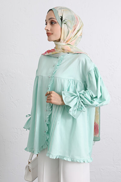 Salih Çelebi Kol Ruched Ruffled Shirt Y0093 - Mint Green