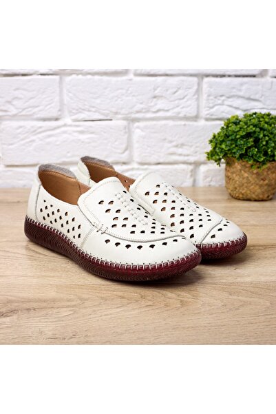 Tellus Women's Beige Genuine Leather Casual Perforated Flat Shoes, W043213
