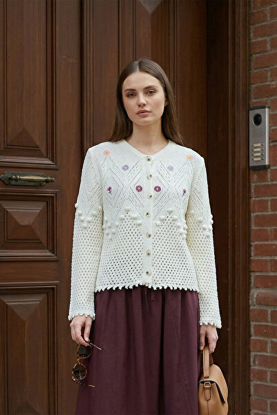 MODAQU Mini Floral Embroidered Pompom Short Cardigan White