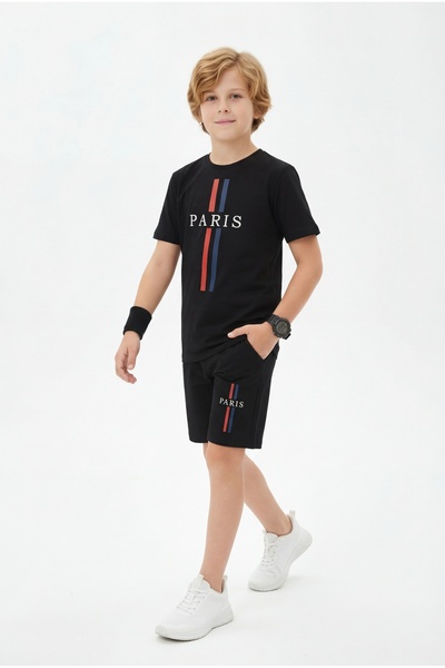 FYK KİDS Round Neck Summer Paris Print Detailed Capri Boys' Top and Bottom Set