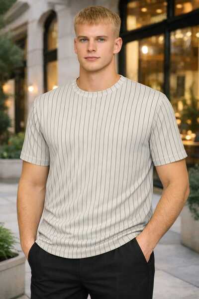 BRLKN تي شيرت رجالي بتفاصيل خطية وياقة دائرية كريب