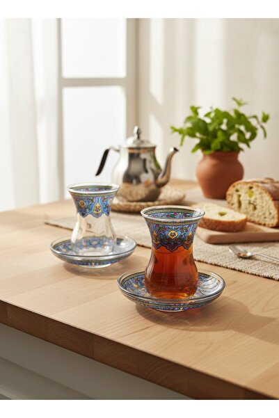 KÜTAHYA HOME Glass Tea Cup and Saucer Set with Turkish Motif Patterns - 4 Pie...