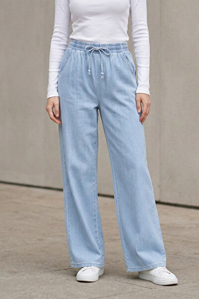 Kirazgym بنطلون جينز نسائي بخصر مطاطي بجيوب بقصة مريحة - أزرق فاتح