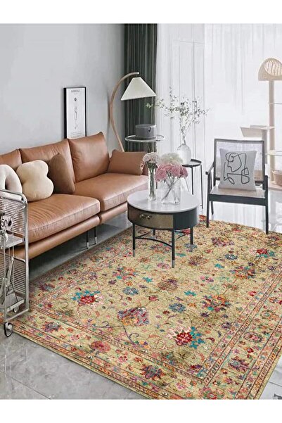 blcmoda Vintage Desen Dijital Baskı Kaymaz Taban Yıkanabilir Halı Salon Oturm...