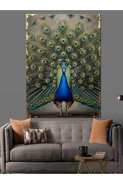 Artmeg Portret decorativ cu păun albastru cu coada desfăcută - Tablou din lem...