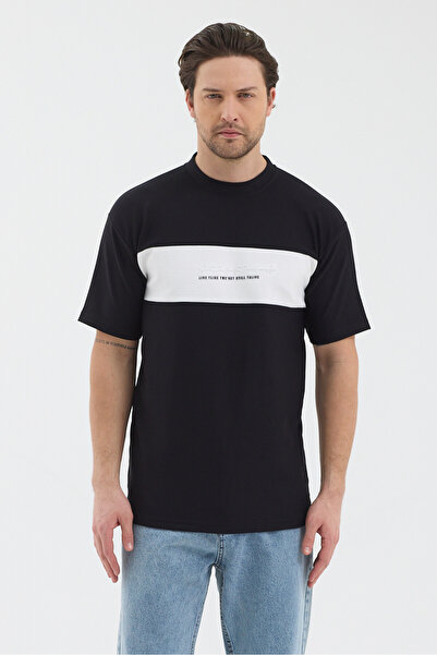 WERRONİ Men's Black Color White Part Modern Design Slim Fit T-Shirt