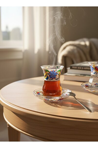 KÜTAHYA HOME Glass Tea Cup and Saucer Set with Turkish Motif Patterns - 4 Pie...