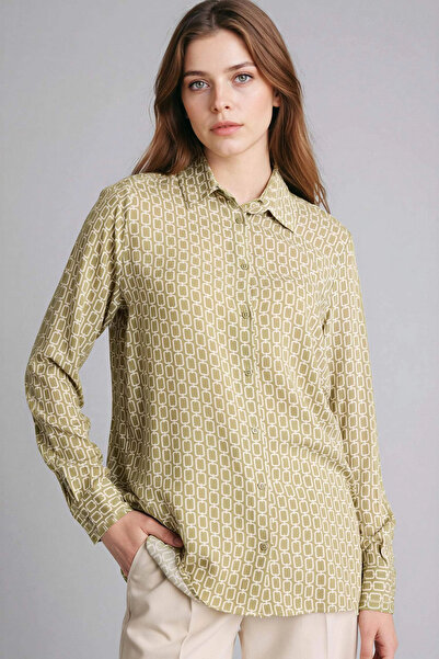 DeFacto T0609Azkh176 Khaki Loose Fit Shirt Collar Printed Long Sleeve Tunic