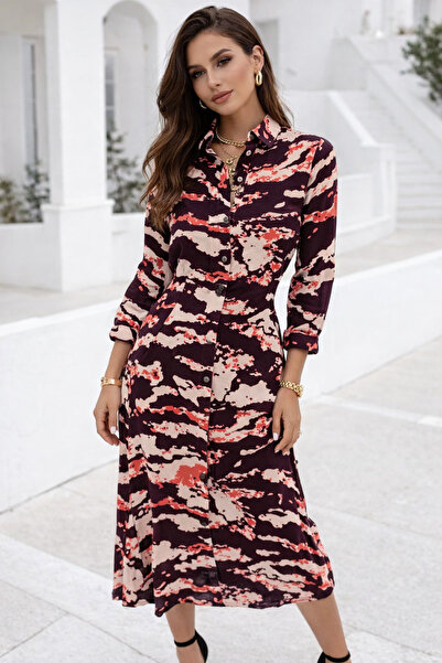 Rich Women's Burgundy Cotton Satin Buttoned Patterned Long Sleeve Midi Length...