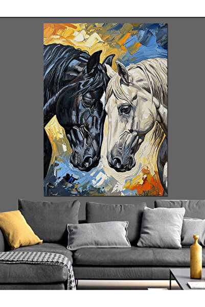 Artmeg Pânză decorativă Armonia Cailor Alb-Negru - Tablou din lemn MDF
