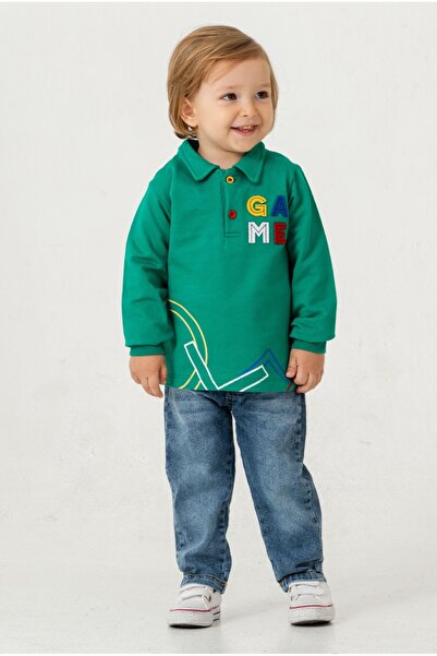 Chicsy Baby Baby Boy Navy Blue Polo Collar Printed Sweatshirt Jeans Pants Set