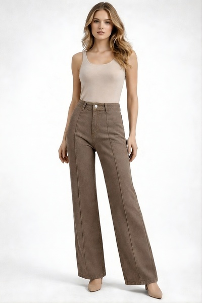 Rose Pileli likrasız cepsiz kahve kadın kot pantolon