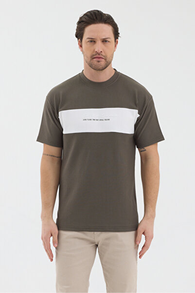 WERRONİ Men's Khaki Color White Striped Modern Design T-Shirt