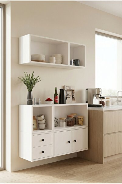 FOR WOMAN DESİGN Ahşap Kahve Köşesi Çekmeceli Mutfak Dolabı Beyaz Kiler ve Dü...