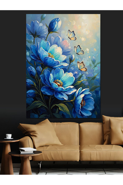 Artmeg Tablou cu flori albastre și fluturi, pânză decorativă - Tablou din lem...