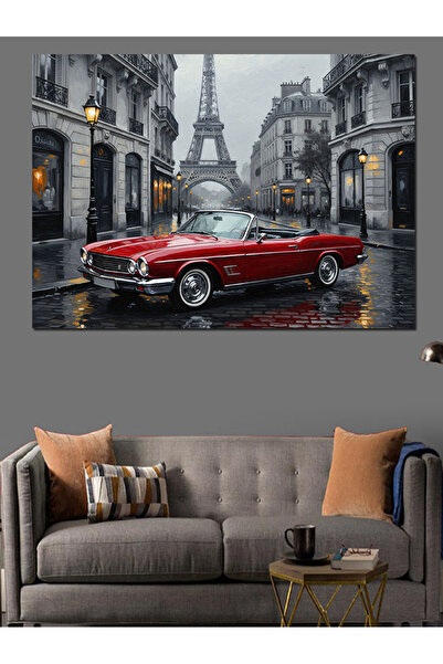 Artmeg Eyfel Kulesi Önünde Kırmızı Araba Dekoratif Kanvas - Mdf Ahşap Tablo