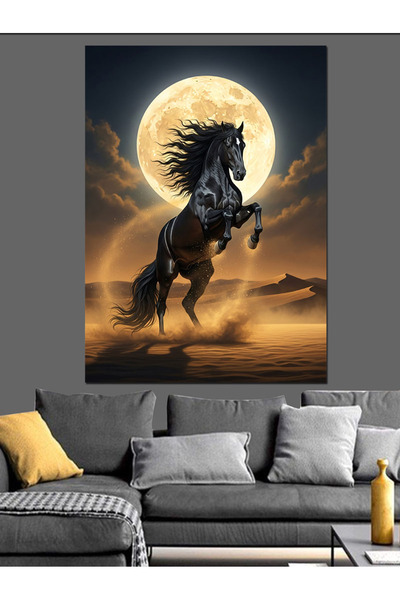 Artmeg Dolunay Önünde Şahlanan Siyah At Dekoratif Kanvas - Mdf Ahşap Tablo