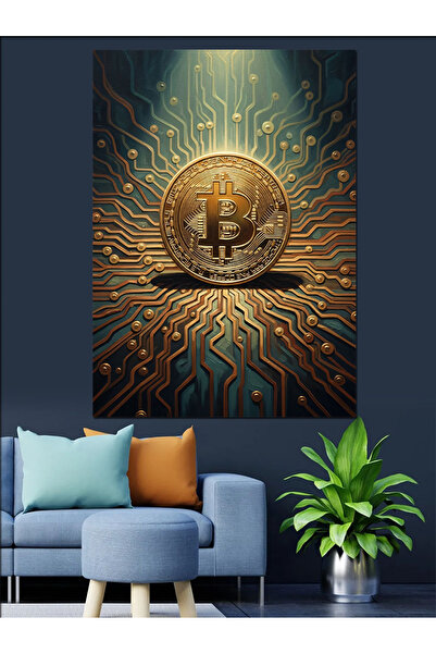 Artmeg Pânză decorativă Bitcoin aurie pe circuit digital - Tablou din lemn MDF