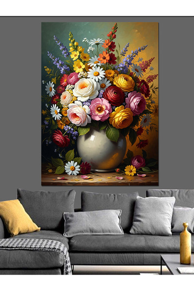 Artmeg Buchet de flori colorate într-o vază Pânză decorativă - Masă din lemn MDF