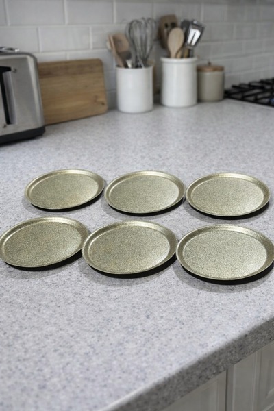 gülis METAL SİMLİ GOLD RENK 6 ADET DÜZ MİNİ ÇEREZLİK PASTA TATLI TABAĞI 14 CM