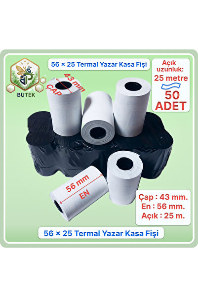 56x25; 50 Adet Rulo; Termal Yazar Kasa Pos Rulosu, Yazar Kasa Fişi