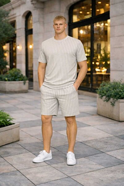BRLKN Men's Stripe Detailed Crew Neck Crepe T-Shirt Shorts Set