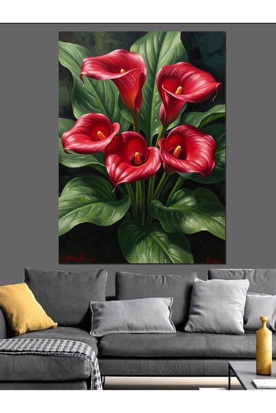 Artmeg Buchet de flori roșii de crin Calla Pânză decorativă - Tablou din lemn...