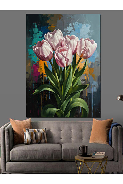 Artmeg Pictură cu lalele roz și albe într-o vază - Pânză decorativă - Tablou ...