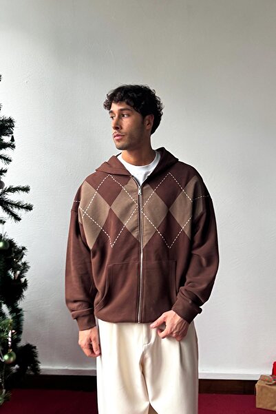 Flaw Wear Diamond Patterned Zip Hoodie Brown