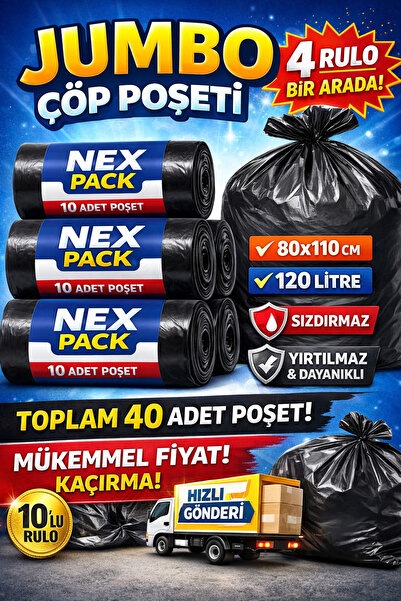nex pack Endüstriyel Jumbo Boy Çöp Torbası – Kalın 300GR – 80x110 Büyük Boy Ç...