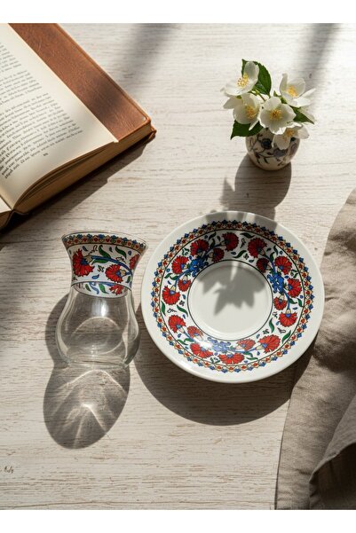 KÜTAHYA HOME Glass Tea Cup and Saucer Set with Turkish Motif Patterns - 4 Pie...