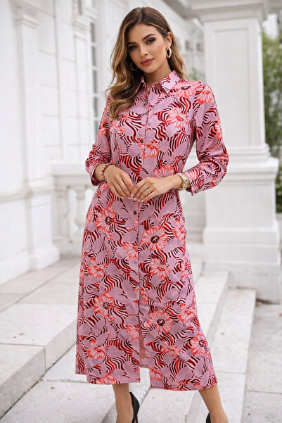 Rich Women's Pink Cotton Satin Buttoned Patterned Long Sleeve Midi Length Pre...