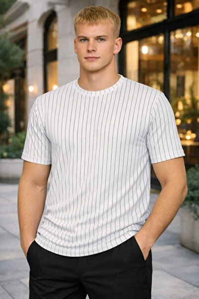 BRLKN Ανδρικό T-shirt με λεπτομέρεια ριγέ και λαιμόκοψη Κρεπ