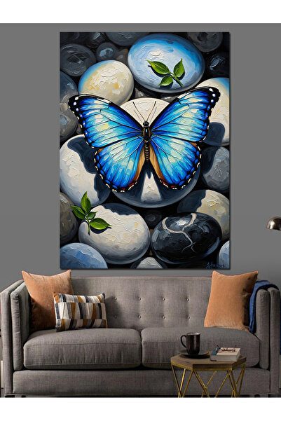 Artmeg Pânză decorativă cu fluture albastru pe pietre de grusine - Tablou din...