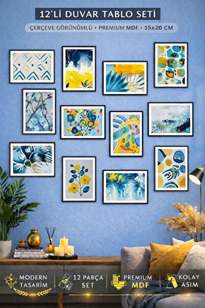 UNT 12’li Modern Duvar Tablo Seti 15x20 cm Çerçeve Görünümlü Premium MDF Salo...