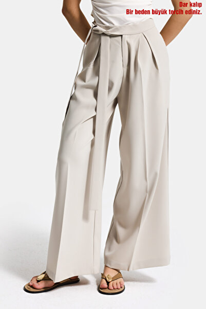 it's basic Kadın Ekru Bej w5 Palazzo Fit Özel Kumaş Kemer Detaylı Tasarım Pan...