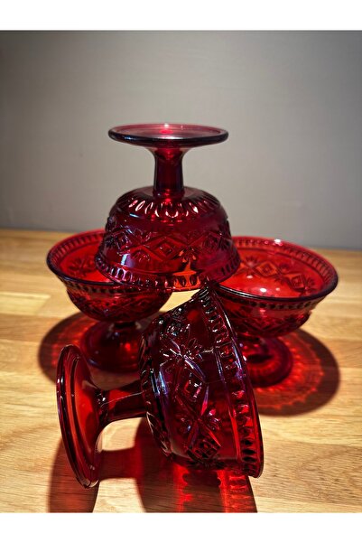 Miko Home & Garden 4'lü Ayaklı Kırmızı Göz Desenli Cam Tatlı Kasesi